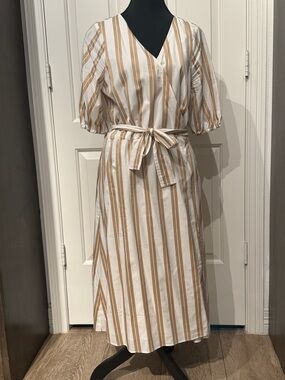 Ann Taylor White and Tan Vertical-Stripe Wrap Midi Dress